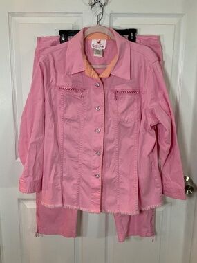 Quacker Factory Pink Set Denim Jacket and Capri Pants Rhinestone Cruise Size 1X